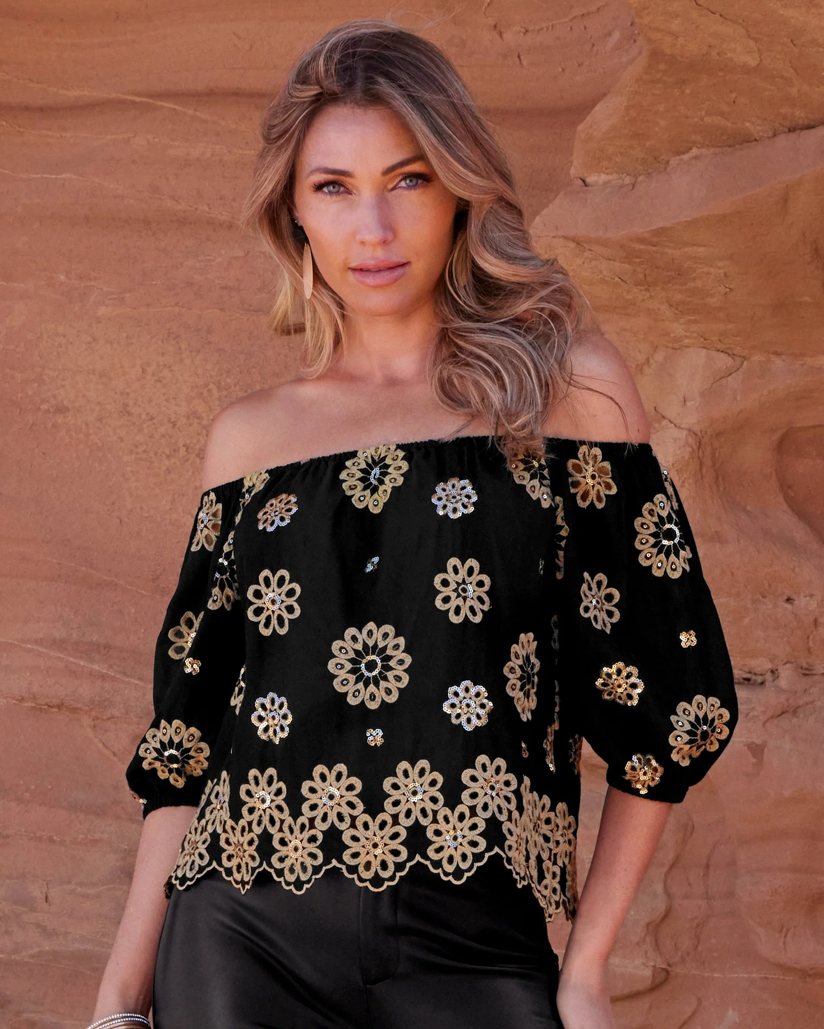 Embroidered Sequin Scallop Hem Blouse Black Multi