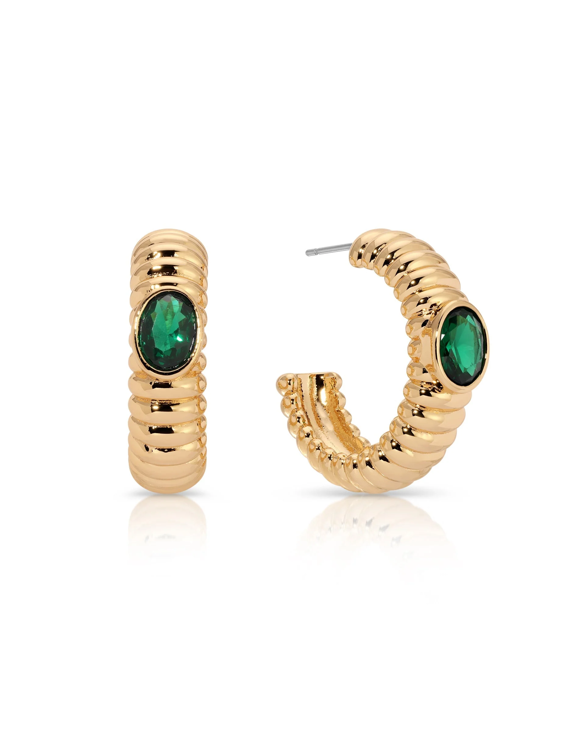 Ribbed Emerald Large Hoops