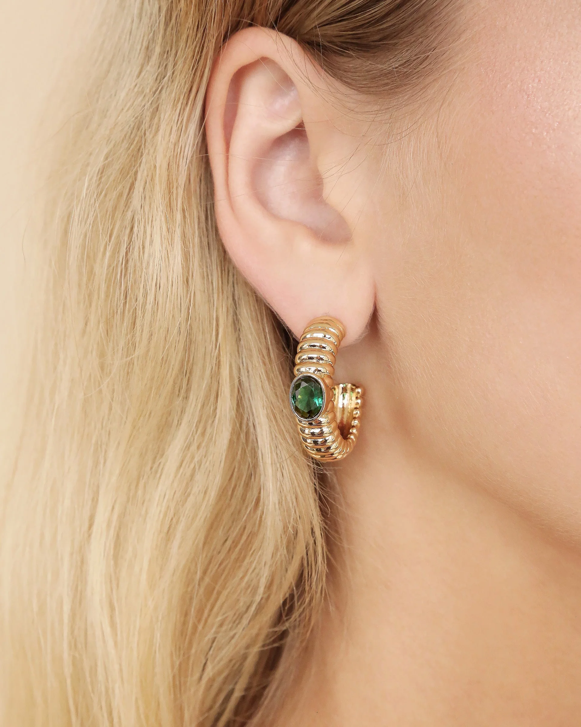Ribbed Emerald Large Hoops - Image 2