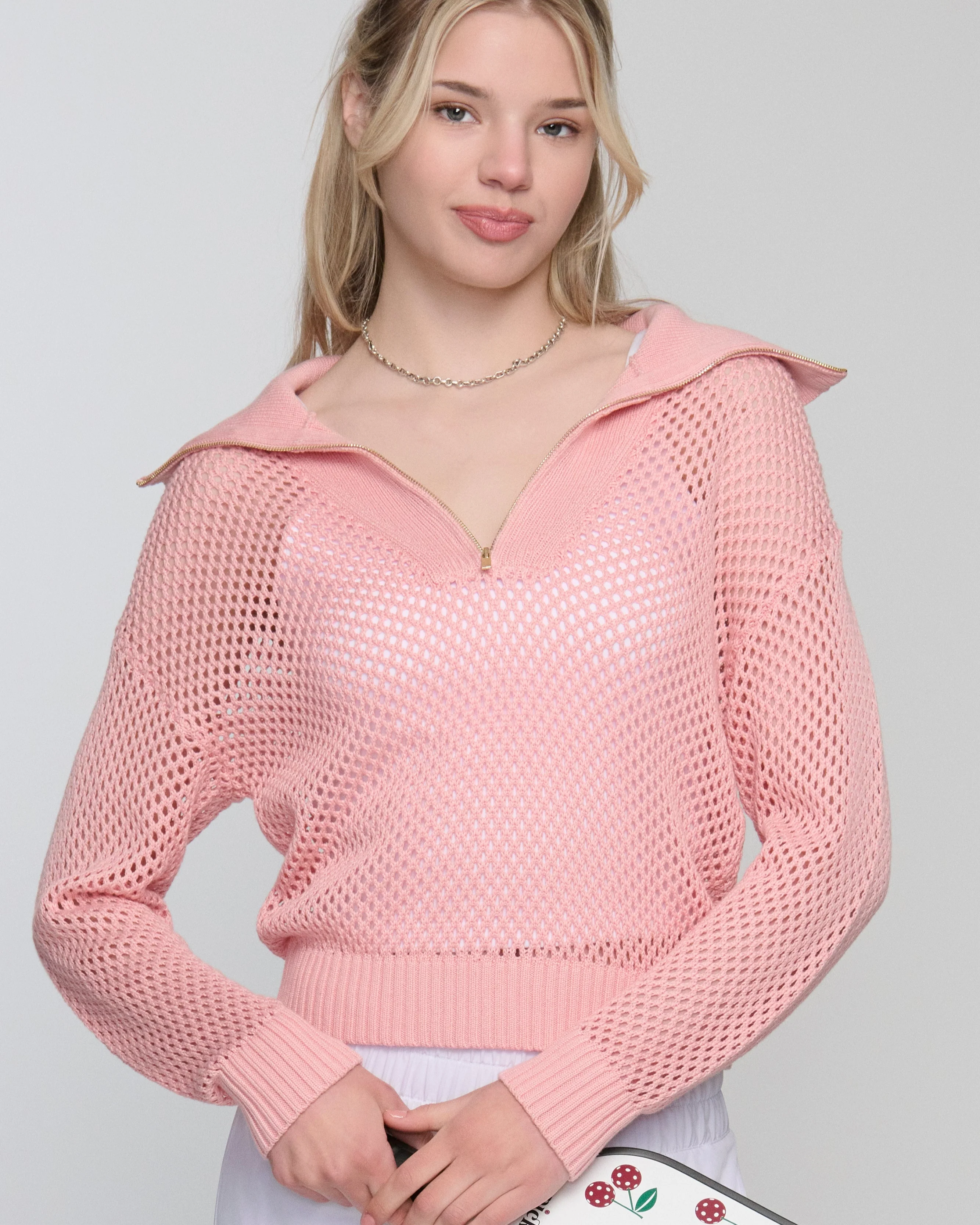 Tania Crochet Pickleball Sweater – Lightweight Half-Zip Knit - Image 4
